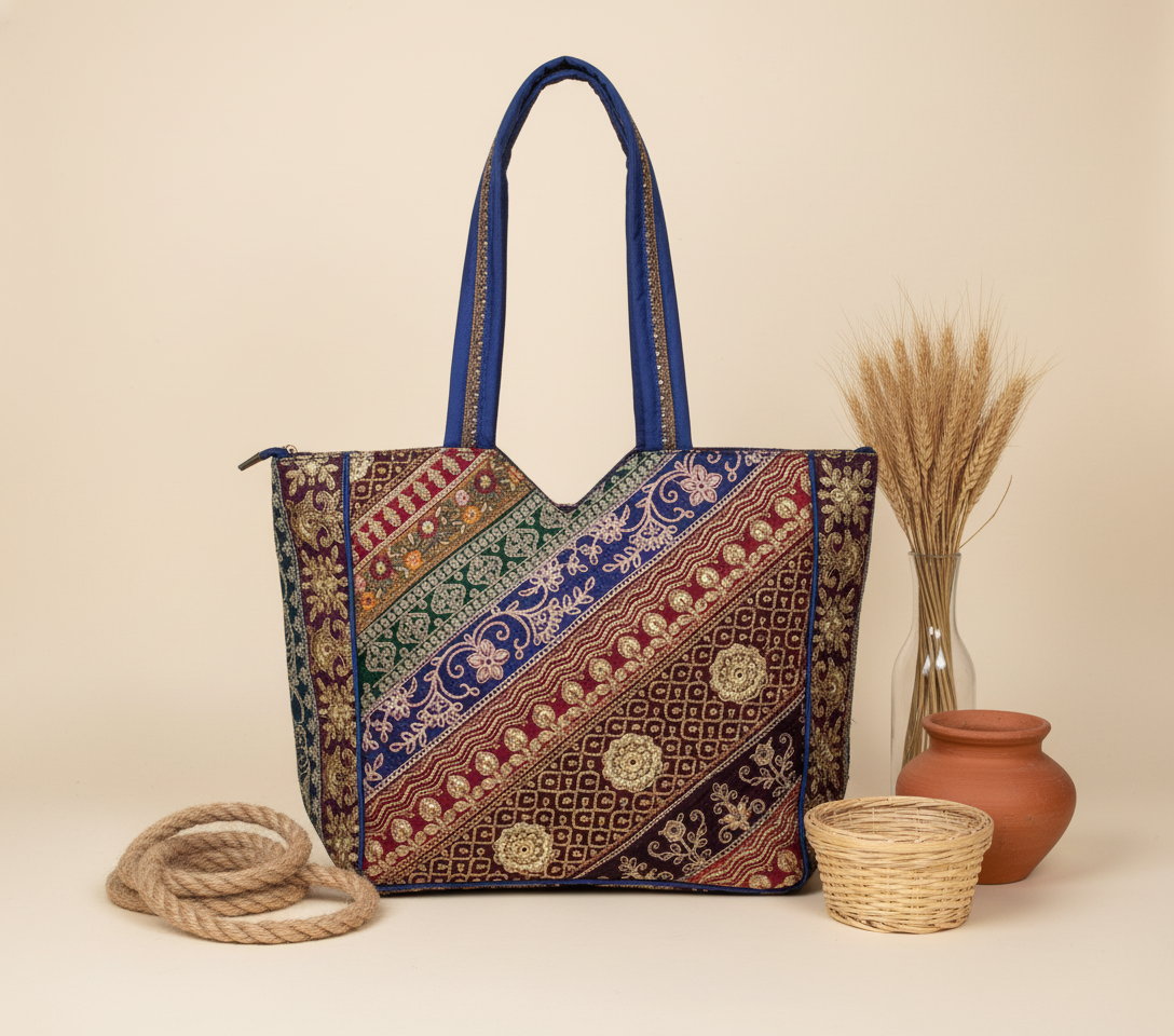 Gotta Patti No Tassel Cobalt Elegance tote bag side view showing depth