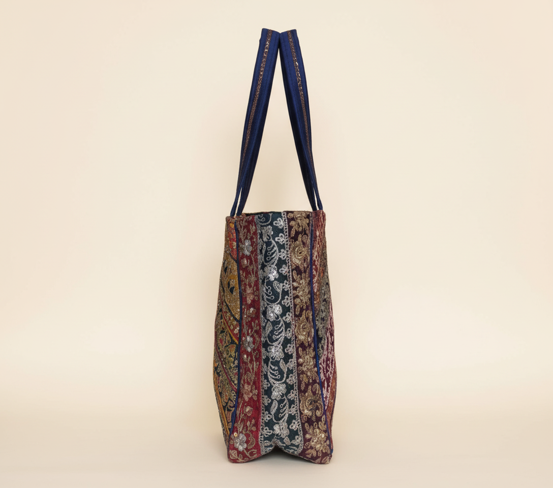 Close-up of Cobalt Elegance gotta patti ribbon detail on tote bag
