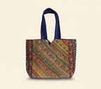 Model carrying Gotta Patti No Tassel Cobalt Elegance tote bag — boho style