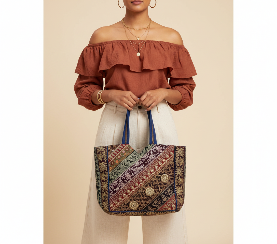 Model walking with Gotta Patti No Tassel Cobalt Elegance tote bag — lifestyle shot