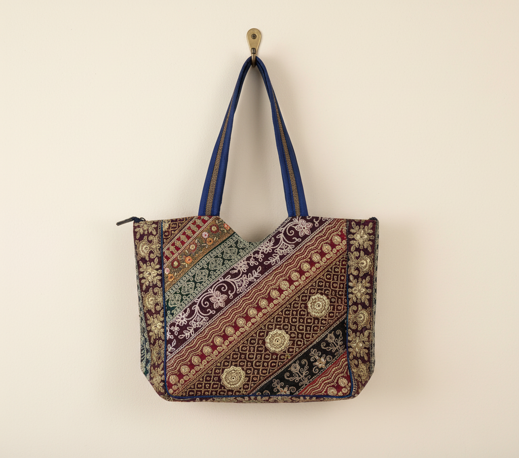 Gotta Patti No Tassel Cobalt Elegance tote bag styled on hook — Mystic Dhaga