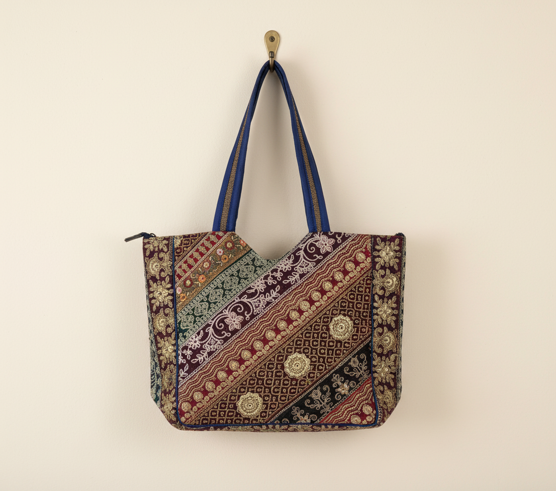 Gotta Patti No Tassel Cobalt Elegance tote bag styled on hook — Mystic Dhaga
