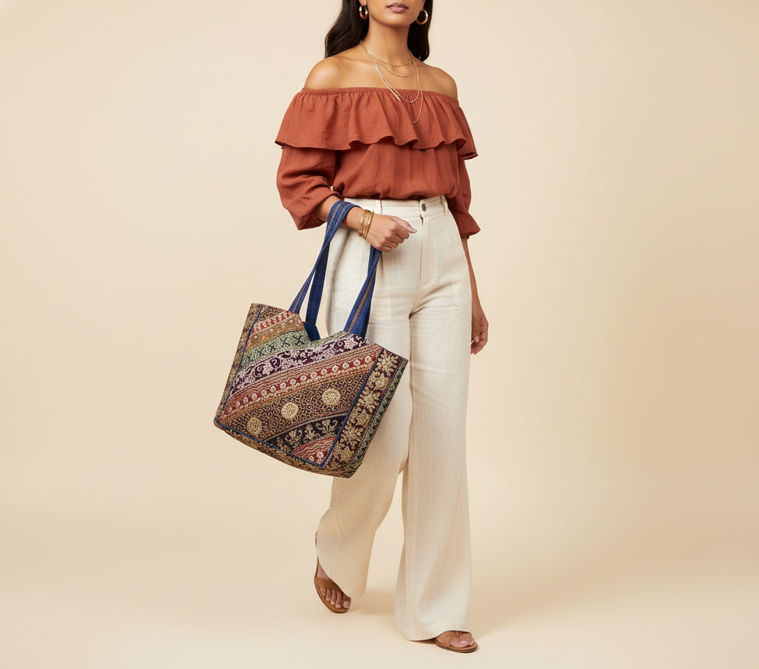 Gotta Patti No Tassel Cobalt Elegance tote bag flatlay composition