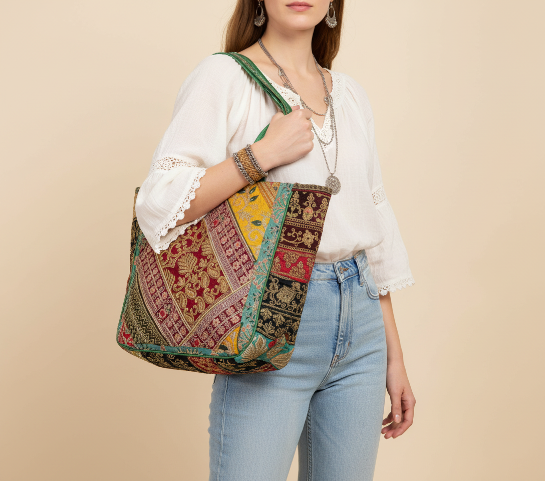 Gotta Patti No Tassel Emerald Elegance tote bag front view — Mystic Dhaga