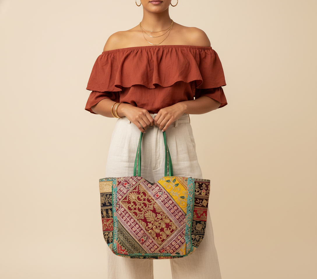 Gotta Patti No Tassel Emerald Elegance tote bag side view showing depth
