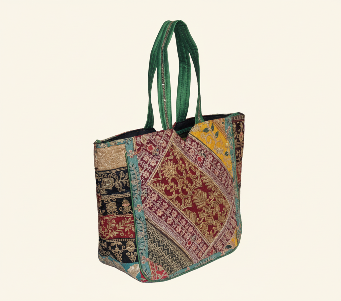 Close-up of Emerald Elegance gotta patti ribbon detail on tote bag
