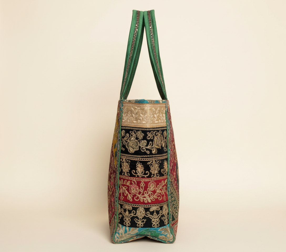Model carrying Gotta Patti No Tassel Emerald Elegance tote bag — boho style