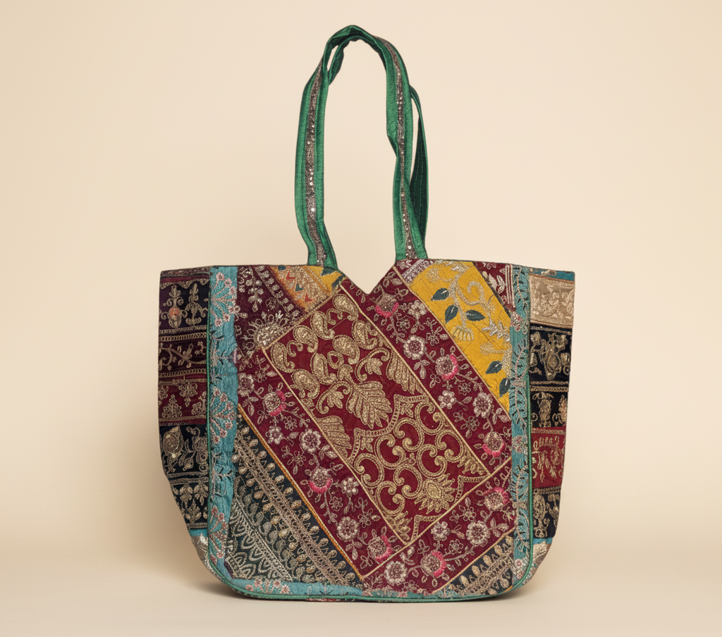 Model walking with Gotta Patti No Tassel Emerald Elegance tote bag — lifestyle shot