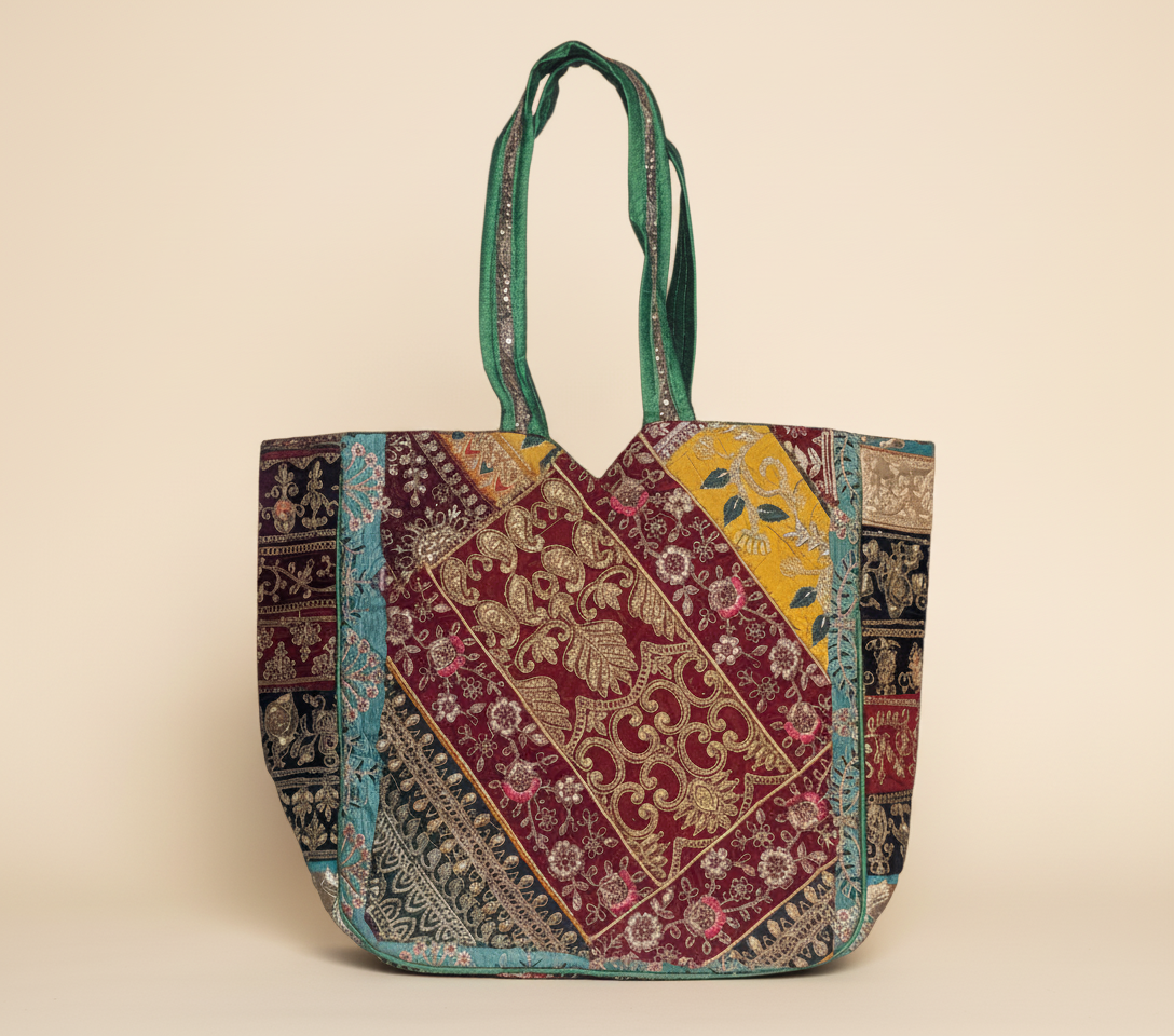 Model walking with Gotta Patti No Tassel Emerald Elegance tote bag — lifestyle shot