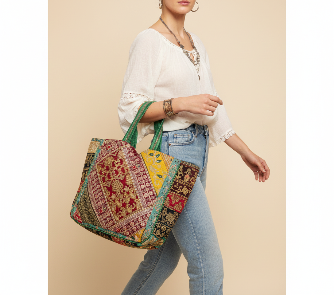 Gotta Patti No Tassel Emerald Elegance tote bag styled on hook — Mystic Dhaga