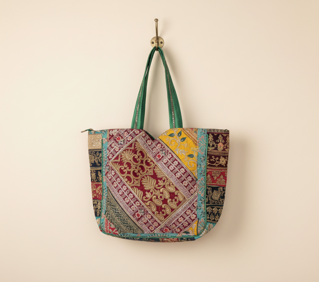 Gotta Patti No Tassel Emerald Elegance tote bag flatlay composition