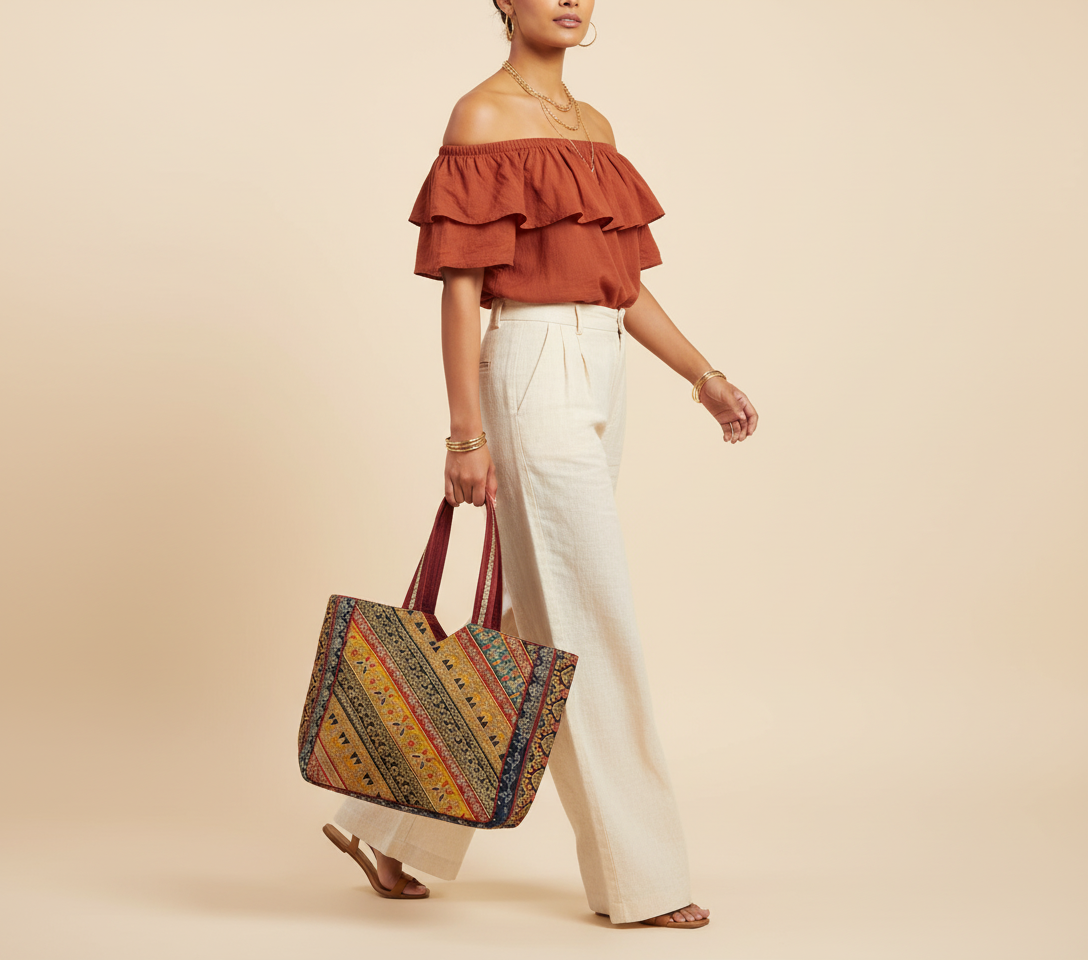 Gotta Patti No Tassel Burgundy Elegance tote bag front view — Mystic Dhaga