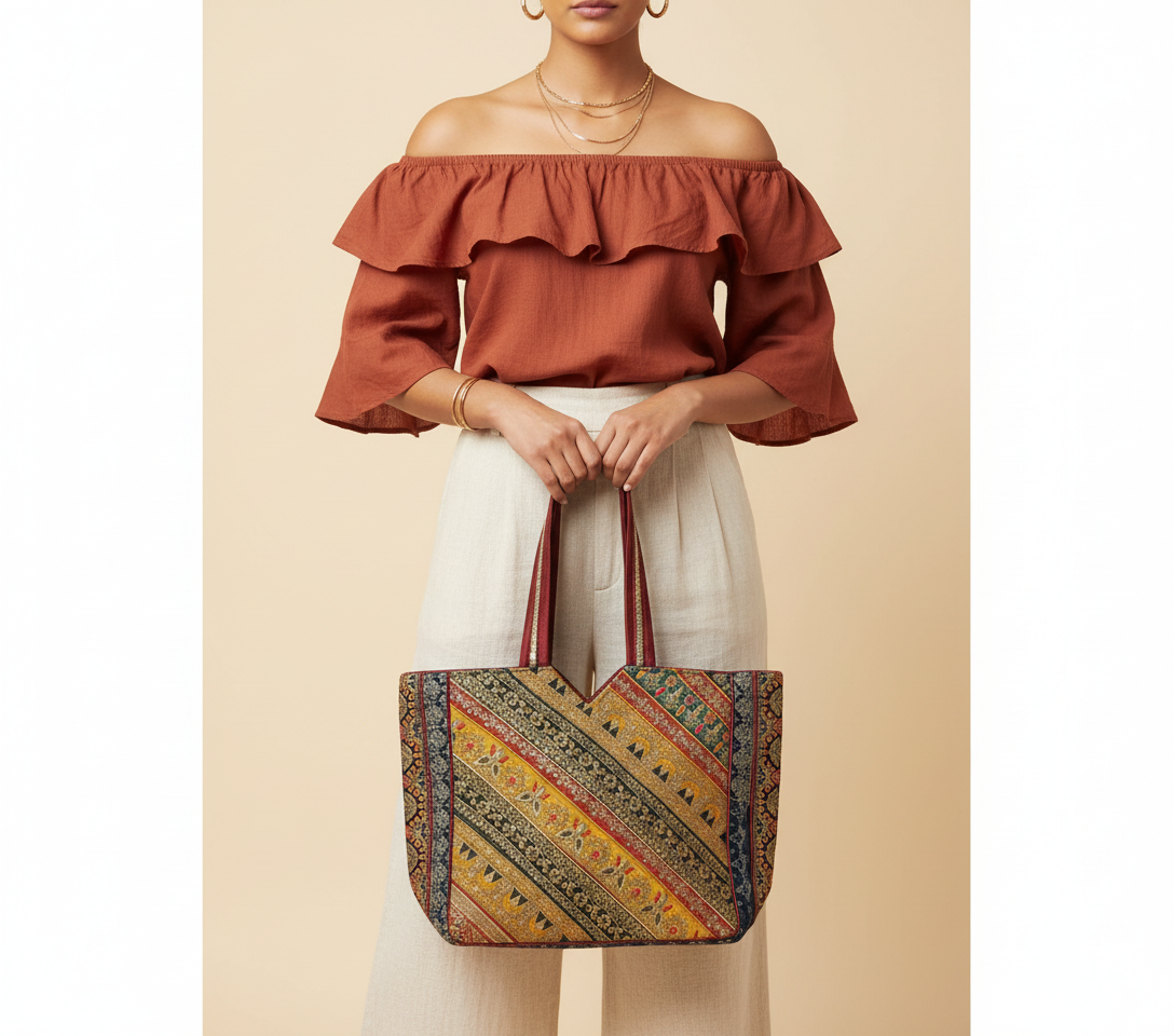 Gotta Patti No Tassel Burgundy Elegance tote bag side view showing depth