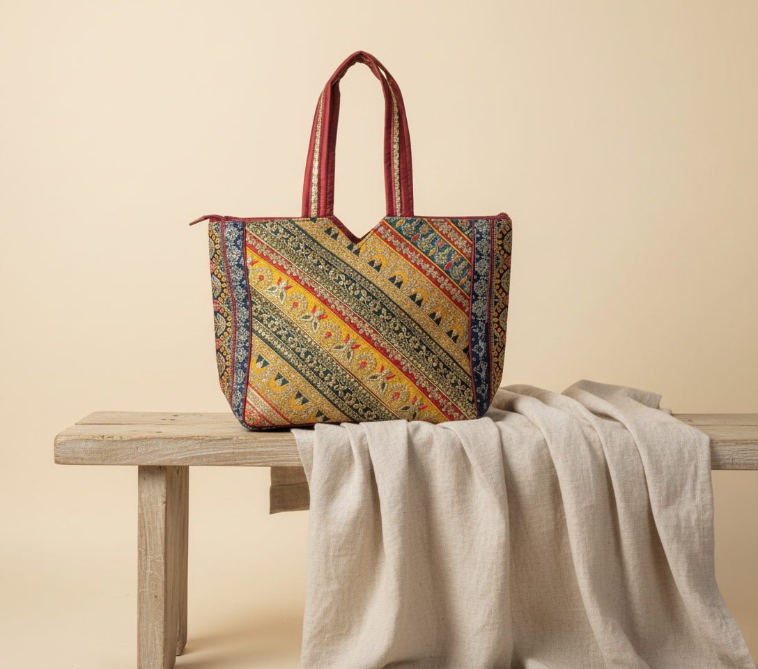 Gotta Patti No Tassel Burgundy Elegance tote bag flatlay composition