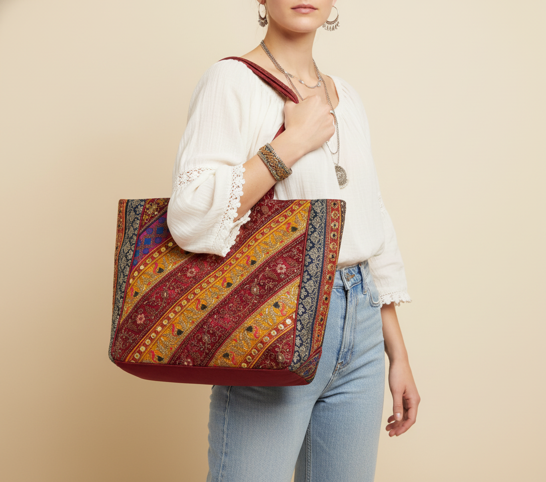 Gotta Patti No Tassel Wine Elegance tote bag front view — Mystic Dhaga