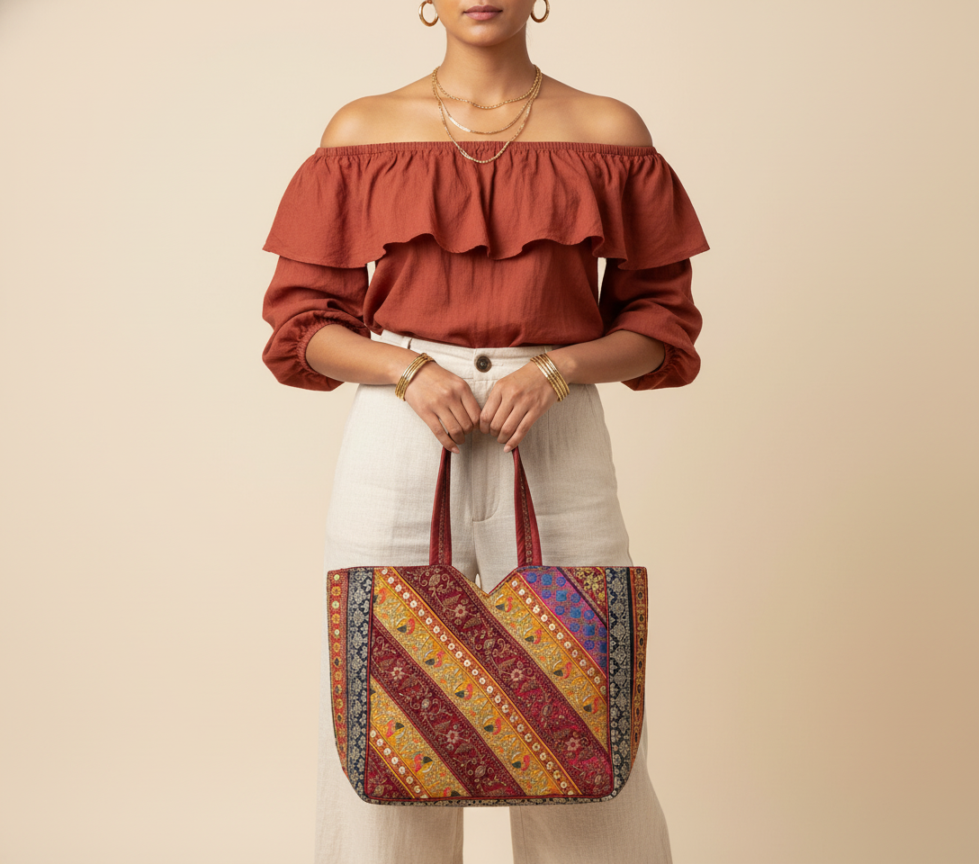 Gotta Patti No Tassel Wine Elegance tote bag side view showing depth