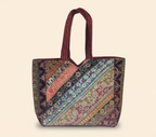 Model carrying Gotta Patti No Tassel Wine Elegance tote bag — boho style