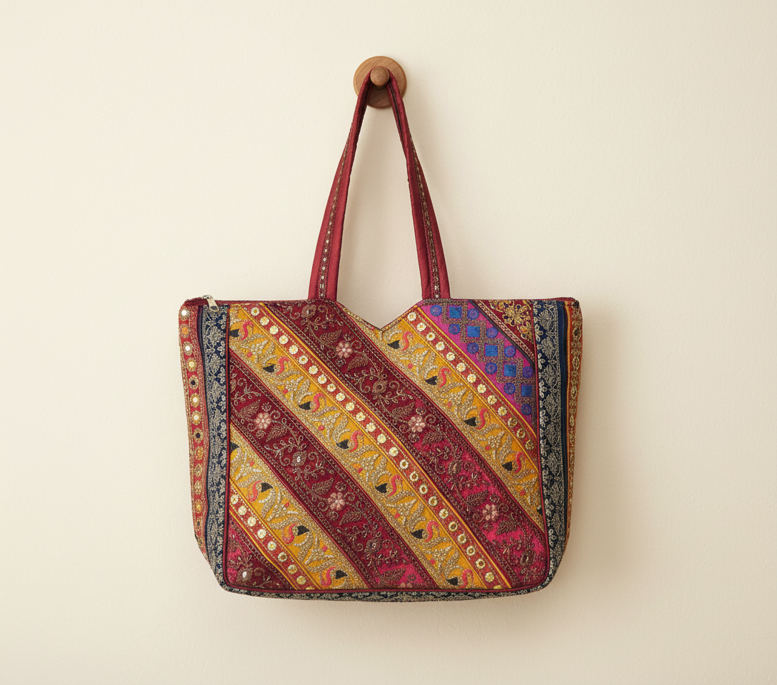 Model walking with Gotta Patti No Tassel Wine Elegance tote bag — lifestyle shot