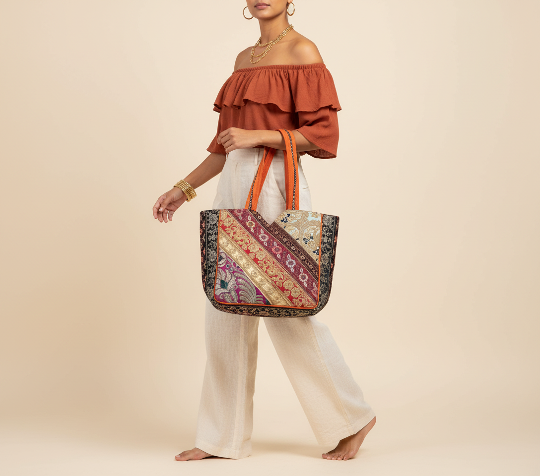 Gotta Patti No Tassel Amber Elegance tote bag front view — Mystic Dhaga