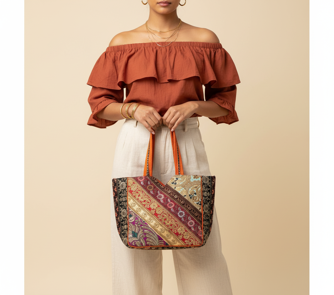 Gotta Patti No Tassel Amber Elegance tote bag side view showing depth