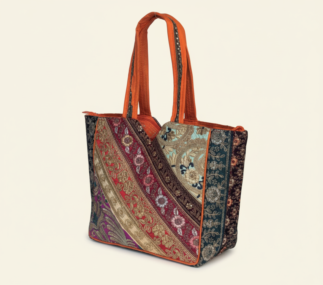 Model carrying Gotta Patti No Tassel Amber Elegance tote bag — boho style