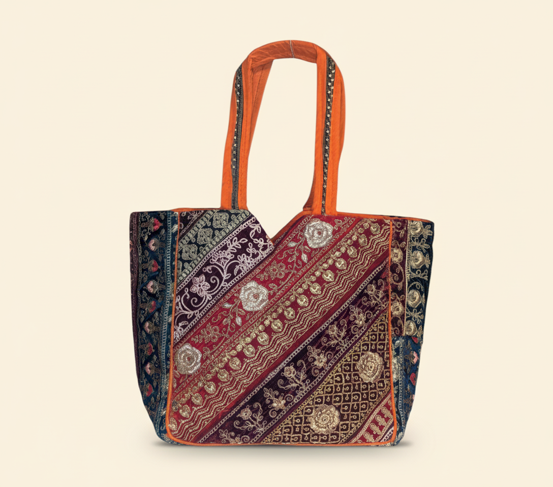 Gotta Patti No Tassel Amber Elegance tote bag styled on hook — Mystic Dhaga