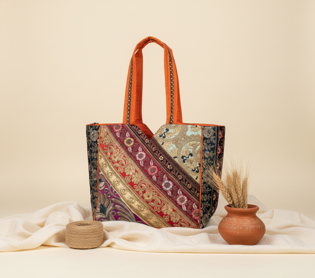 Gotta Patti No Tassel Amber Elegance tote bag flatlay composition