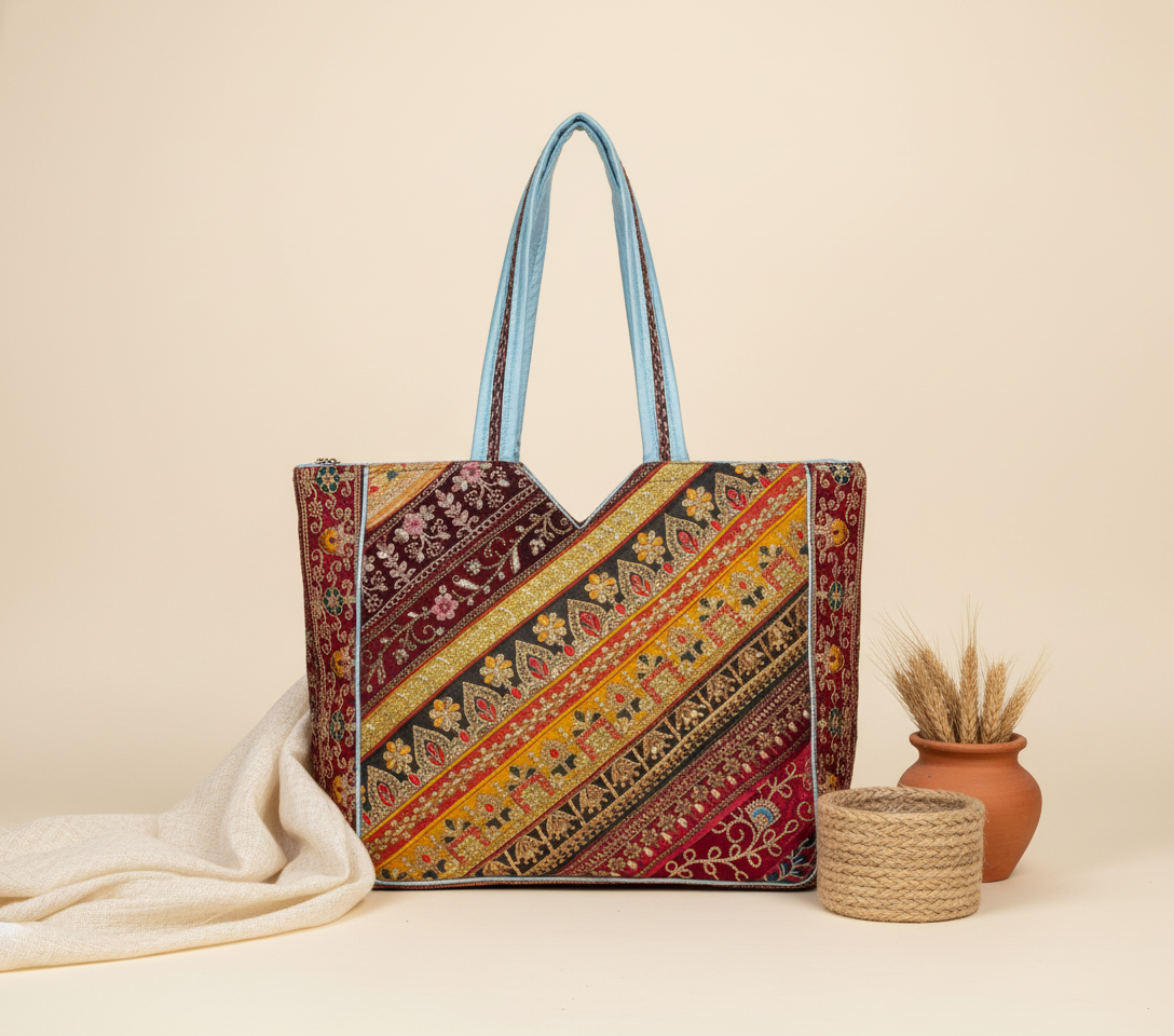 Gotta Patti No Tassel Celestial Elegance tote bag front view — Mystic Dhaga