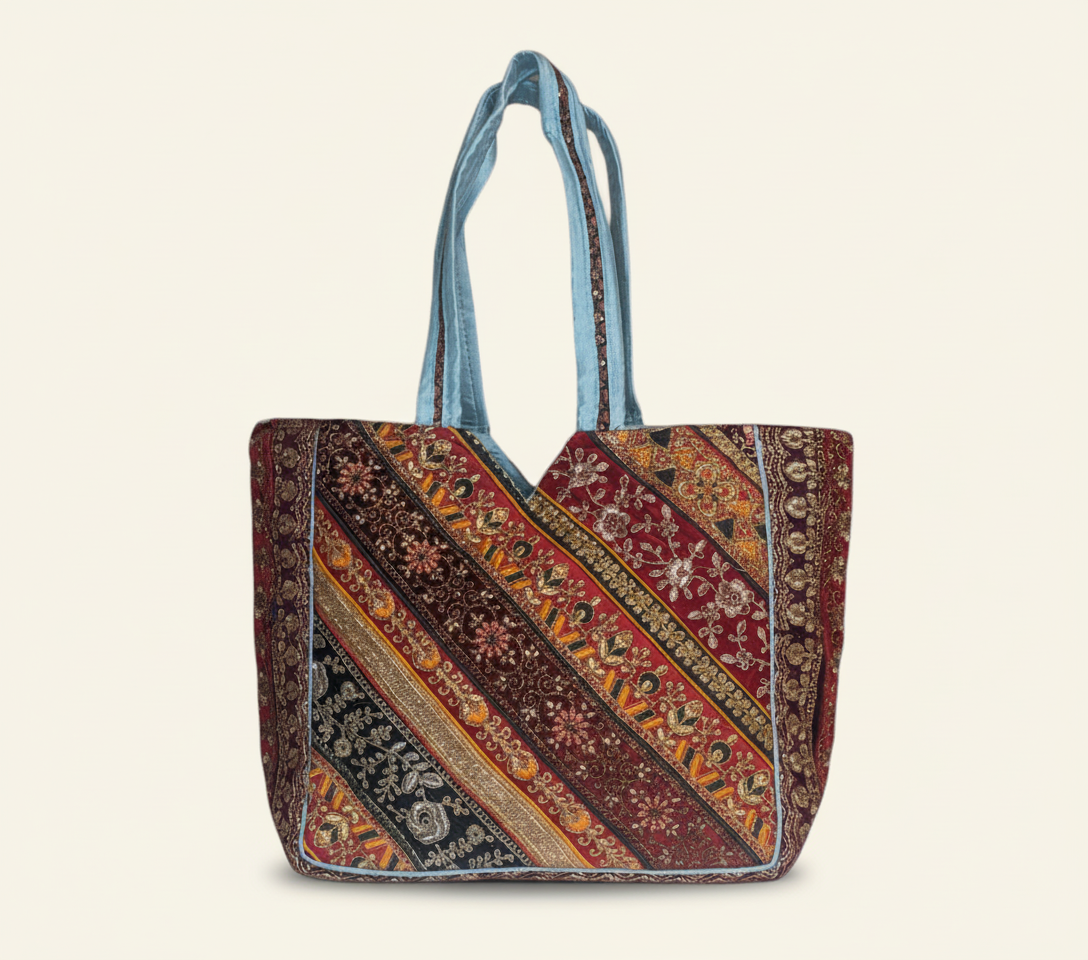 Close-up of Celestial Elegance gotta patti ribbon detail on tote bag