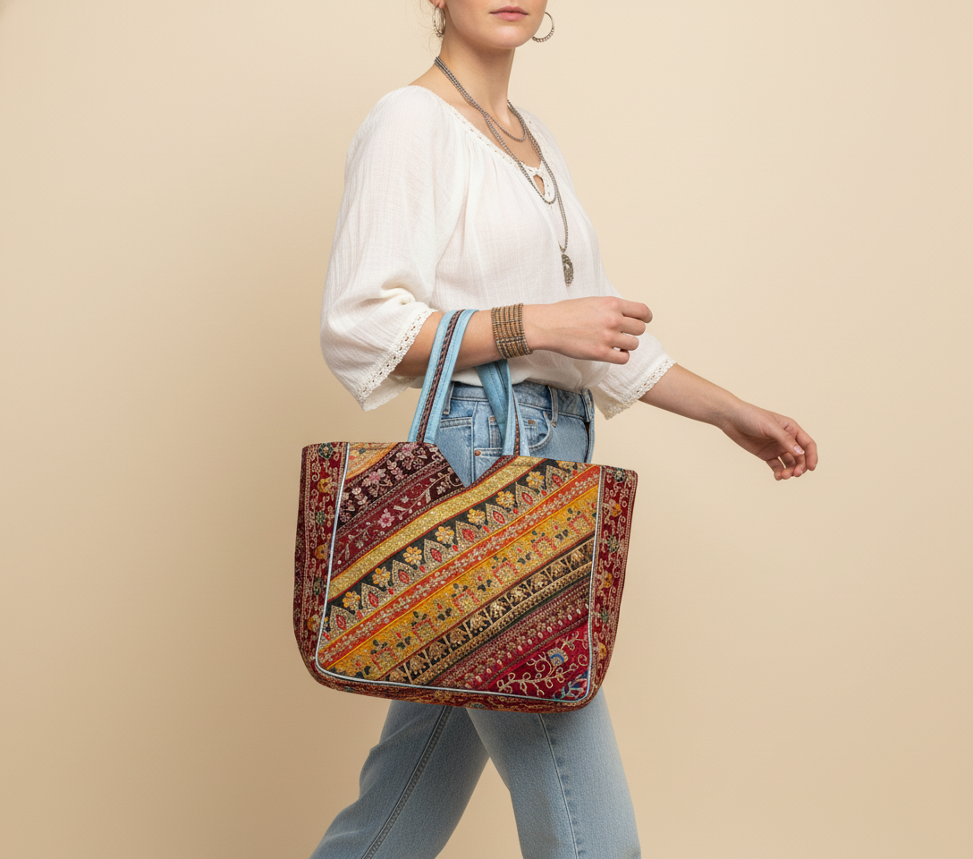 Model carrying Gotta Patti No Tassel Celestial Elegance tote bag — boho style