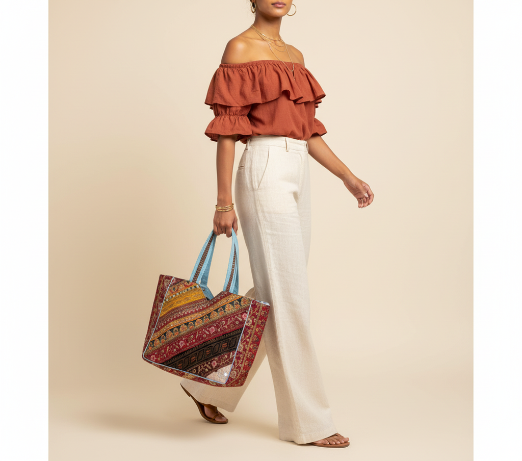 Gotta Patti No Tassel Azure Elegance tote bag front view — Mystic Dhaga