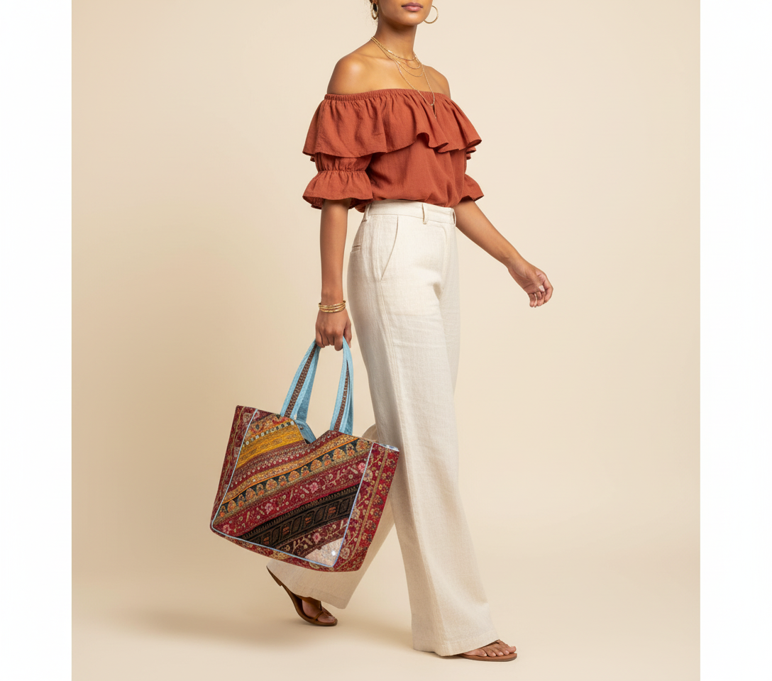 Gotta Patti No Tassel Azure Elegance tote bag front view — Mystic Dhaga