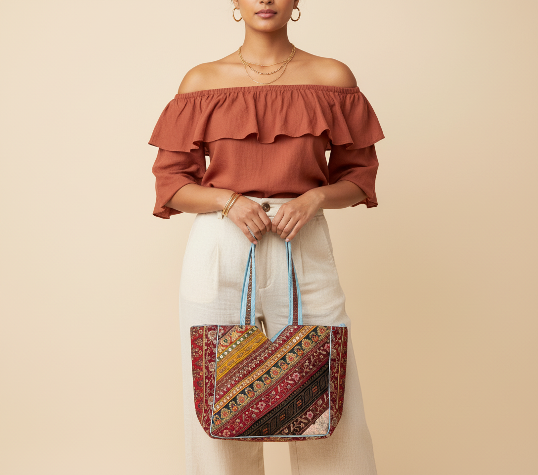 Gotta Patti No Tassel Azure Elegance tote bag side view showing depth