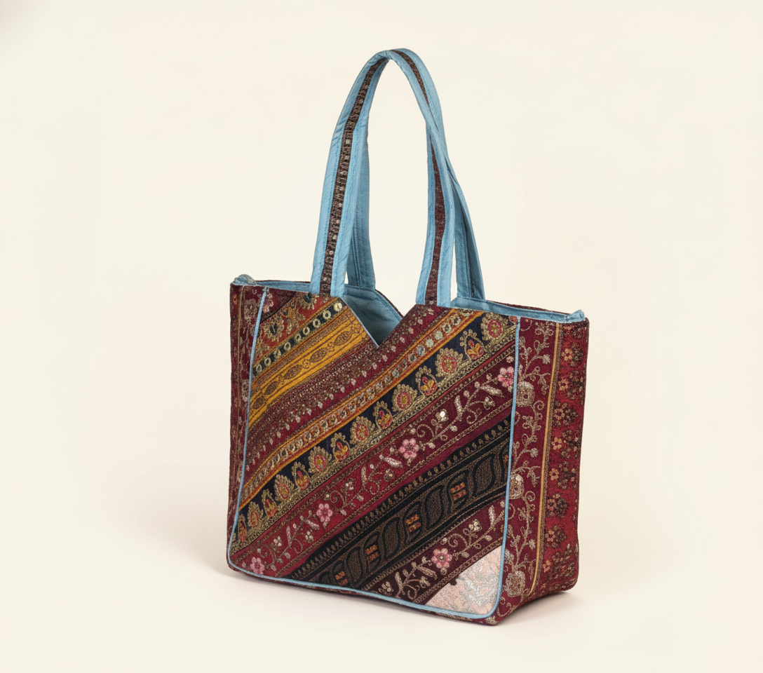 Model carrying Gotta Patti No Tassel Azure Elegance tote bag — boho style