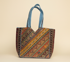 Gotta Patti No Tassel Azure Elegance tote bag styled on hook — Mystic Dhaga