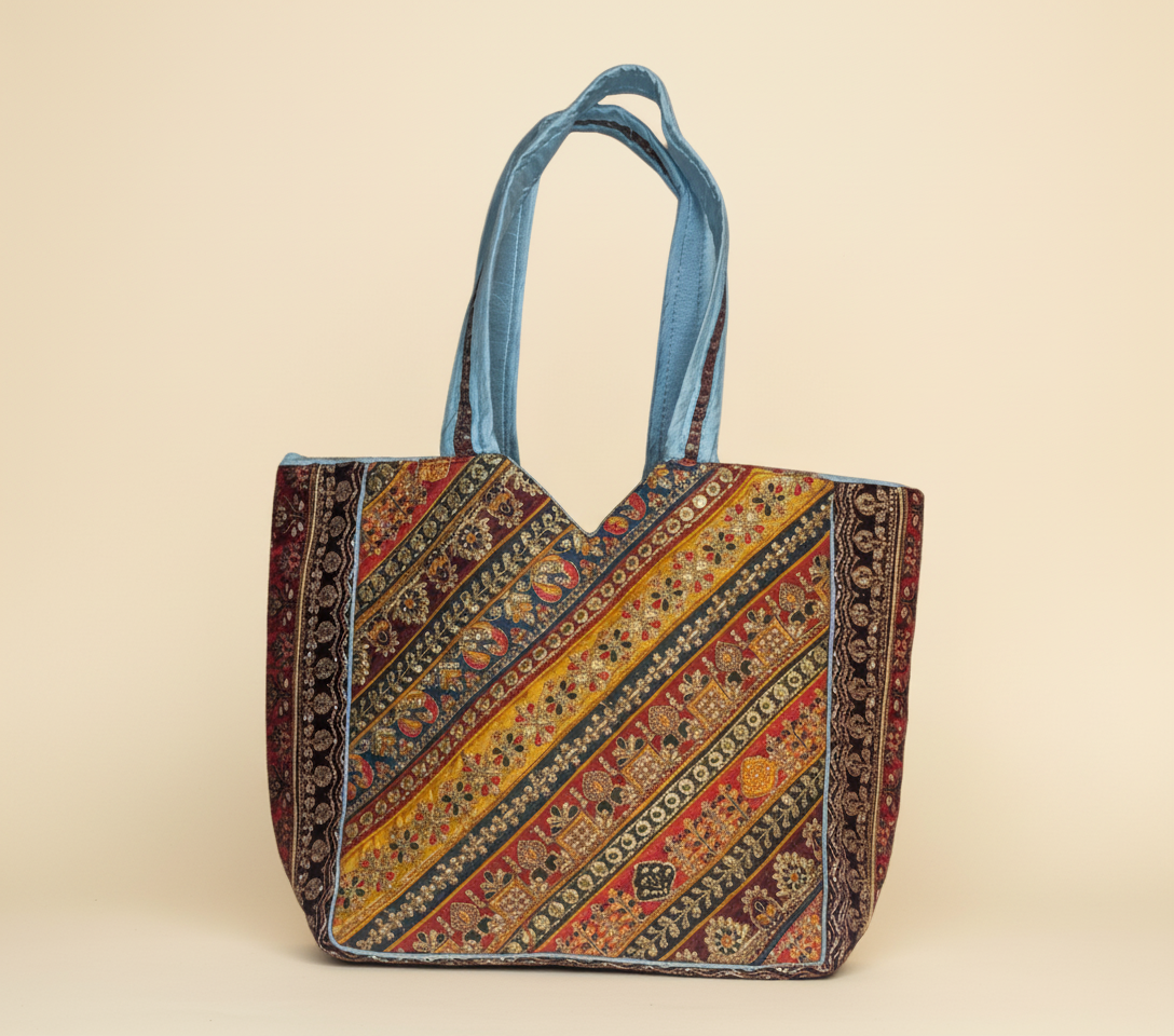 Gotta Patti No Tassel Azure Elegance tote bag styled on hook — Mystic Dhaga