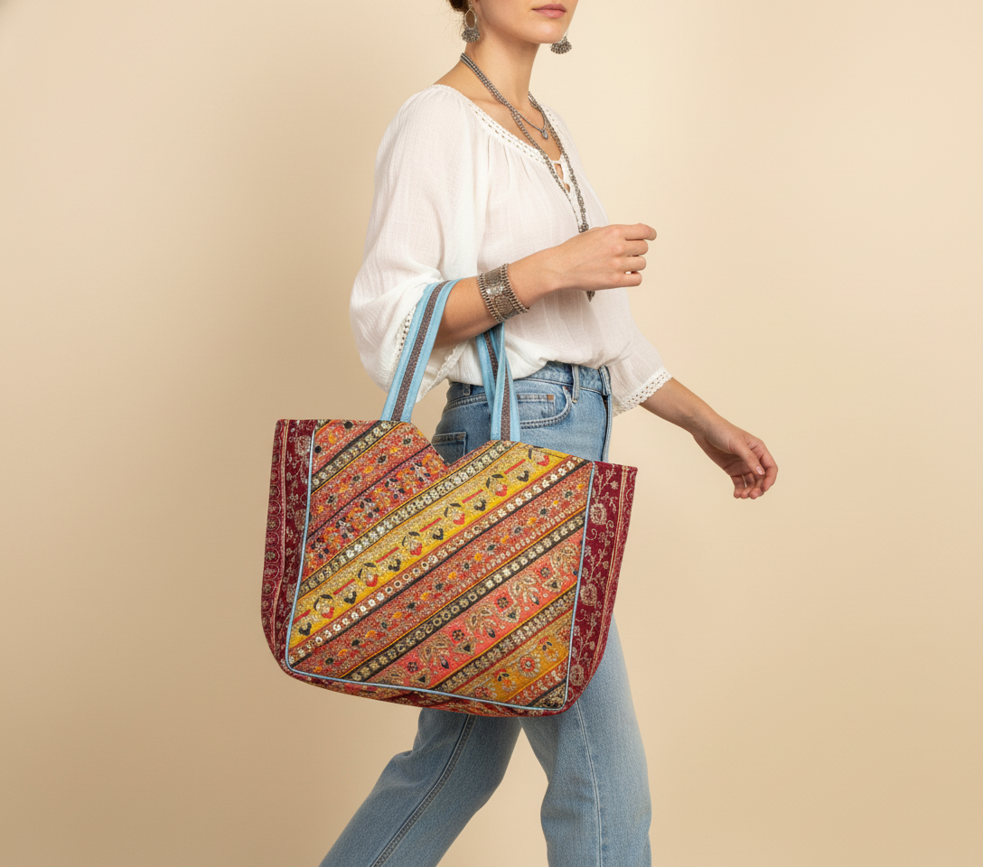 Gotta Patti No Tassel Sunrise Elegance tote bag front view — Mystic Dhaga