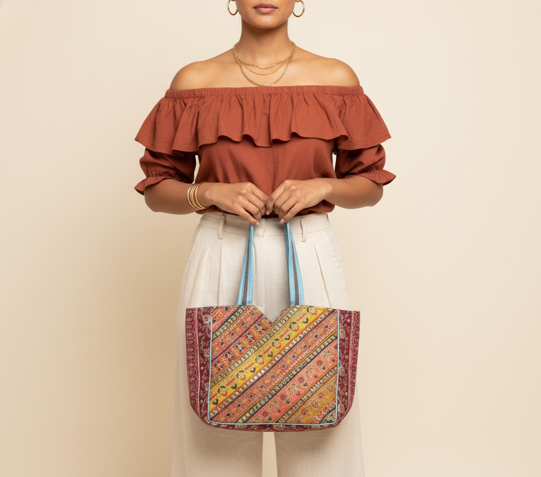 Gotta Patti No Tassel Sunrise Elegance tote bag side view showing depth