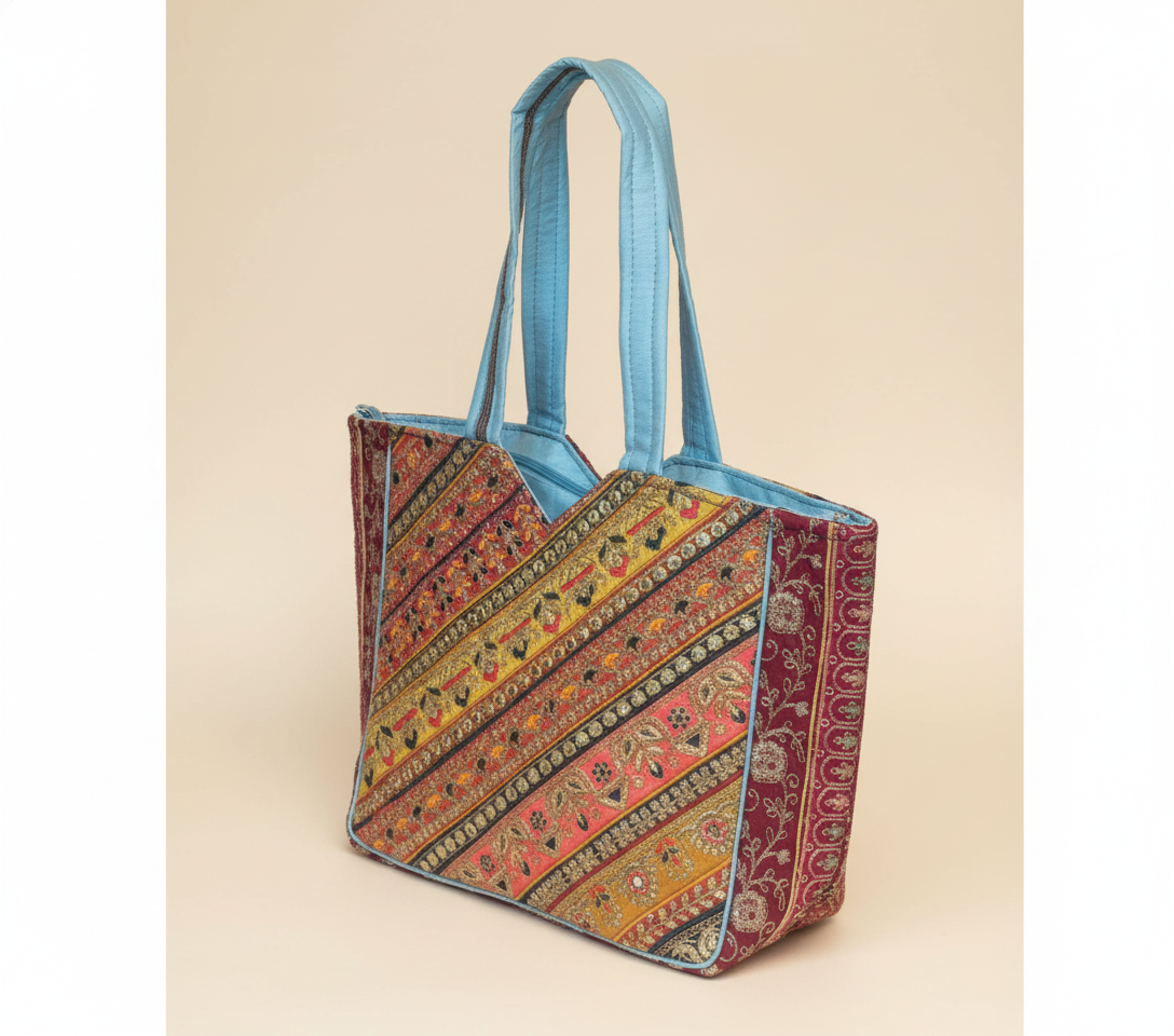 Model carrying Gotta Patti No Tassel Sunrise Elegance tote bag — boho style