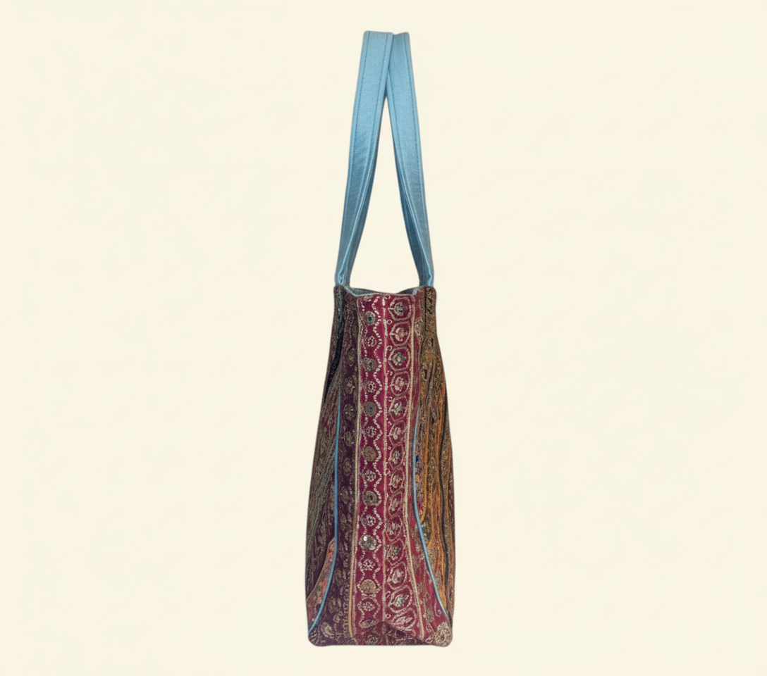 Model walking with Gotta Patti No Tassel Sunrise Elegance tote bag — lifestyle shot