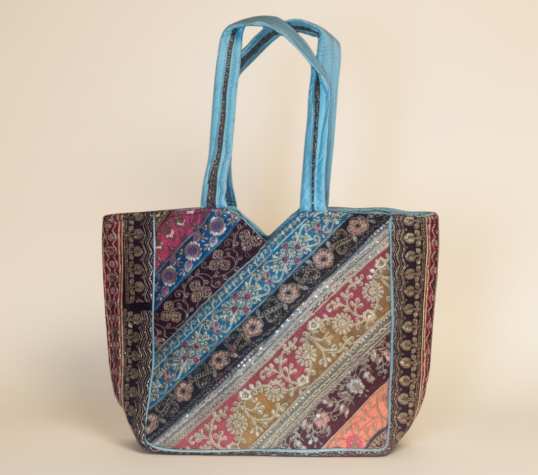 Gotta Patti No Tassel Sunrise Elegance tote bag styled on hook — Mystic Dhaga