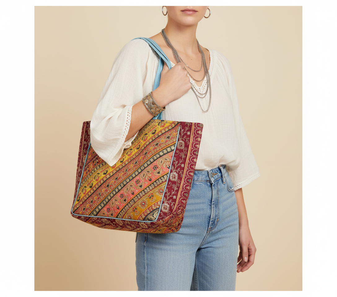 Gotta Patti No Tassel Sunrise Elegance tote bag flatlay composition