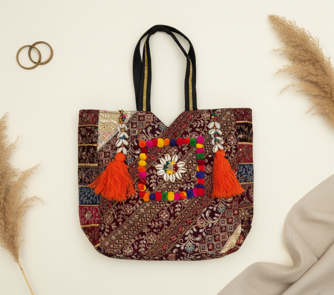 Gotta Patti Shell Tassel Ember Festival tote bag front view — Mystic Dhaga