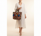 Gotta Patti Shell Tassel Sapphire Festival tote bag front view — Mystic Dhaga