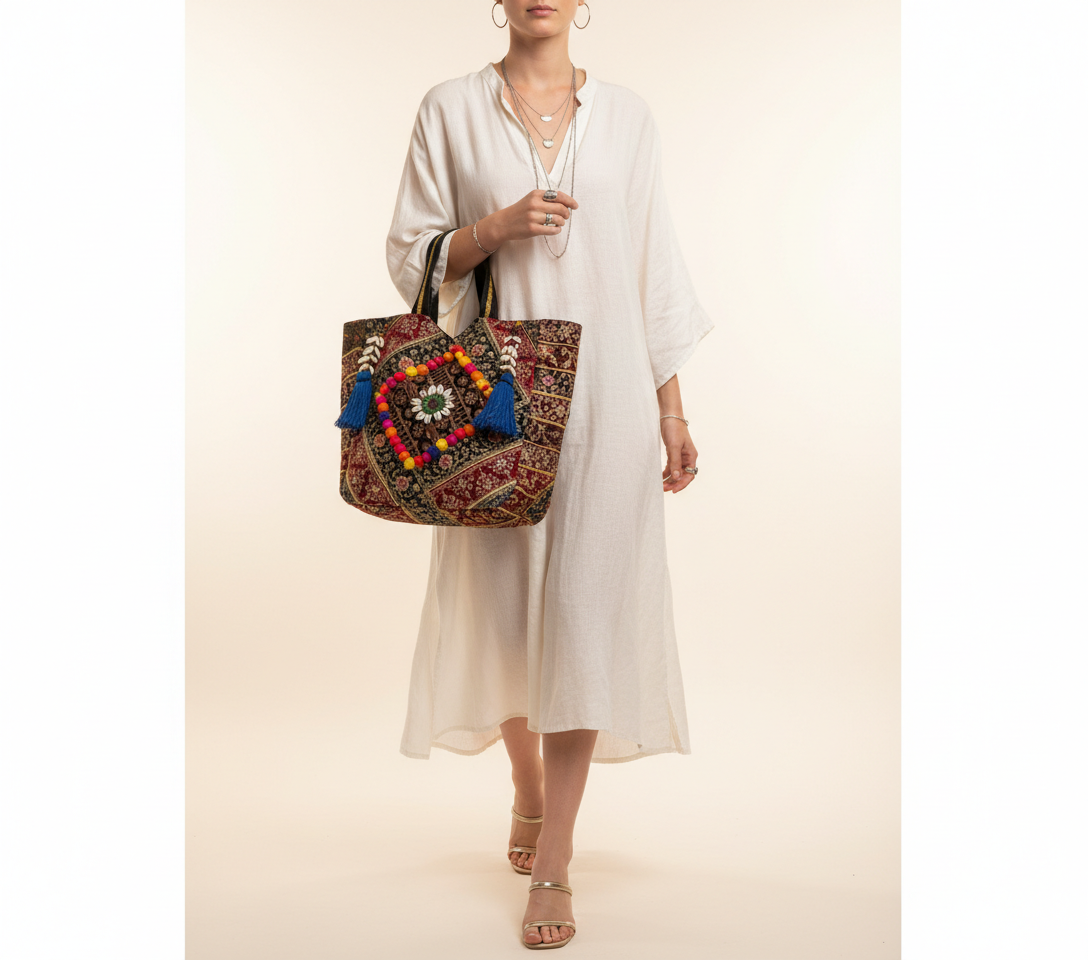 Gotta Patti Shell Tassel Sapphire Festival tote bag front view — Mystic Dhaga