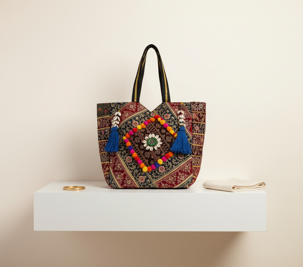 Gotta Patti Shell Tassel Sapphire Festival tote bag side view showing depth