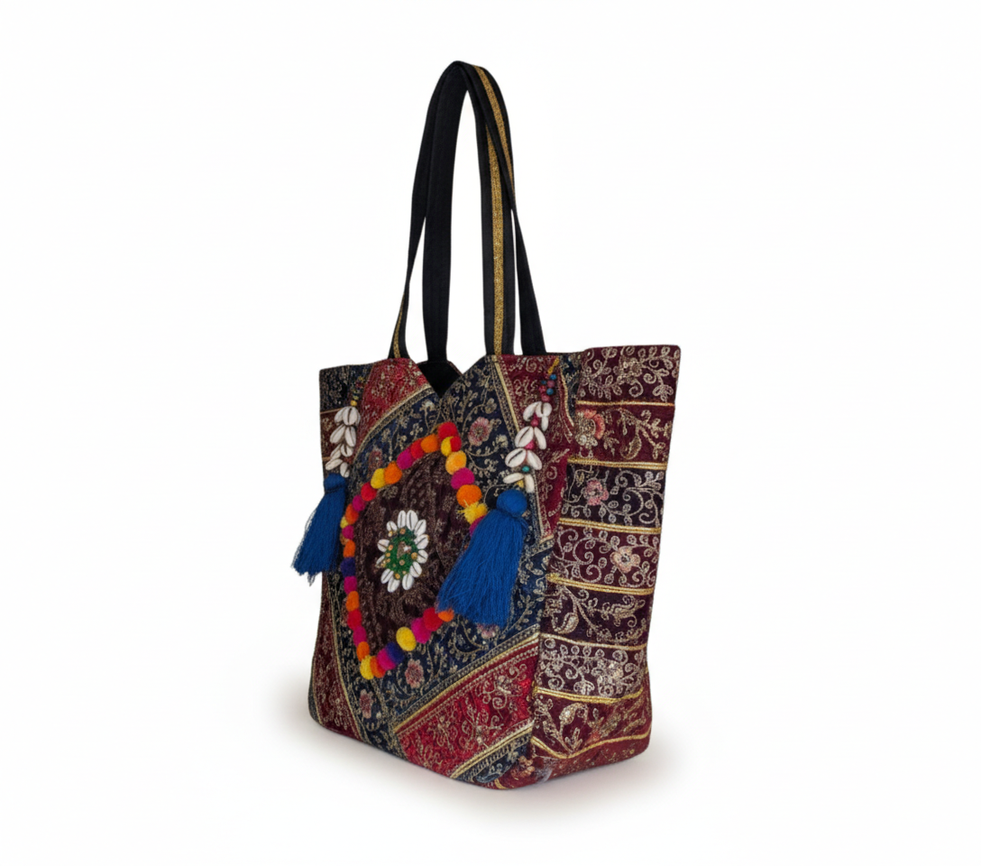 Gotta Patti Shell Tassel Sapphire Festival tote bag isometric angle