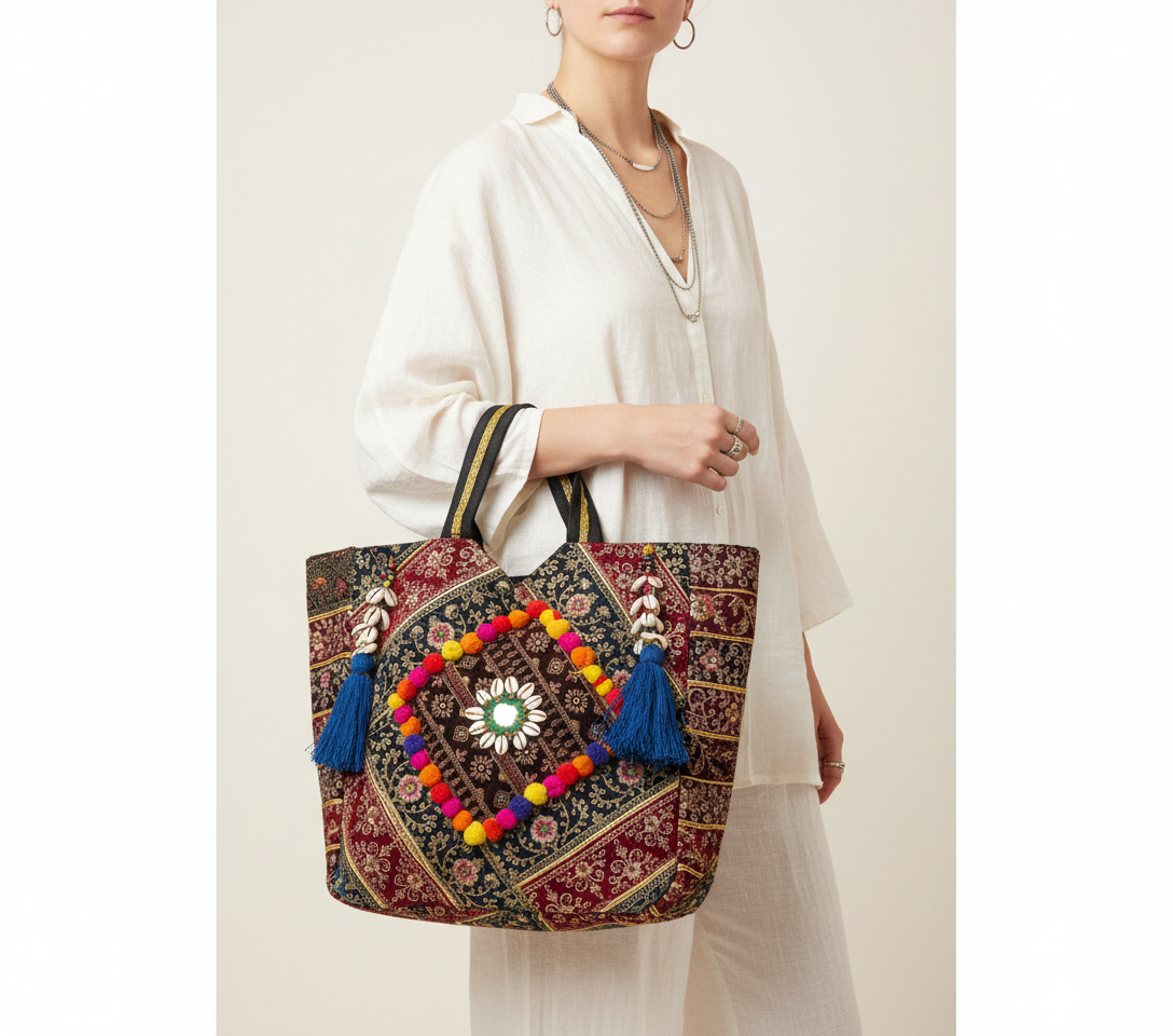 Model carrying Gotta Patti Shell Tassel Sapphire Festival tote bag — boho style