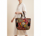 Gotta Patti Shell Tassel Crimson Festival tote bag front view — Mystic Dhaga