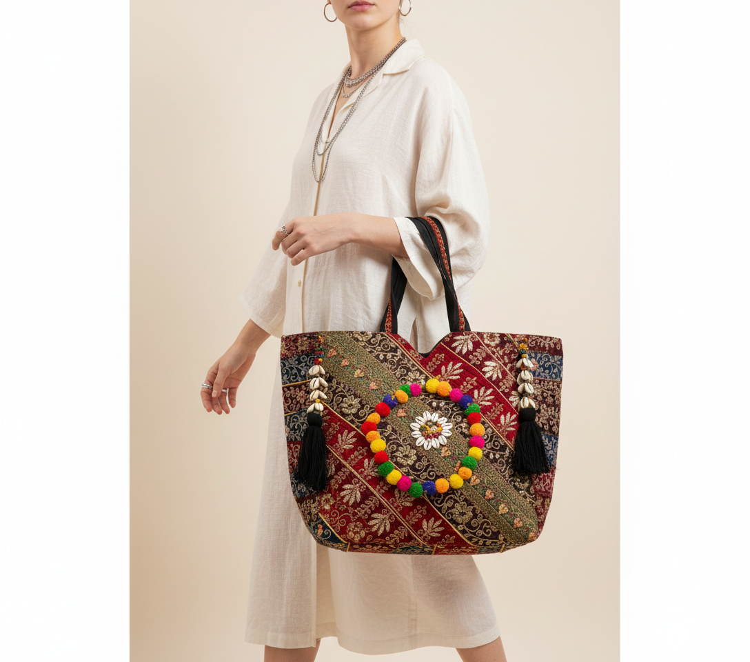 Gotta Patti Shell Tassel Crimson Festival tote bag front view — Mystic Dhaga